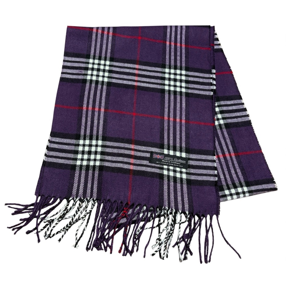 Made In Scotland 100% Cashmere Plaid Fringed Scarf In Purple & Black